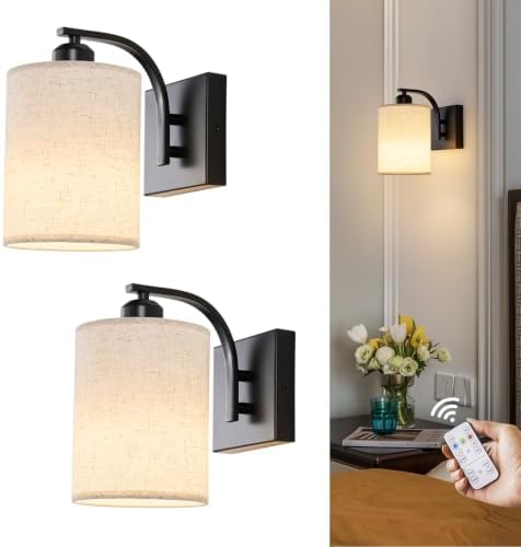Powfloven Black Rechargeable Wall Sconces Set of 2 with Remote, Wireless Dimmable Battery Operated LED Wall Lights, Cordless Wall Lighting Lamp Fixture for Bedroom Living Room by Powfloven