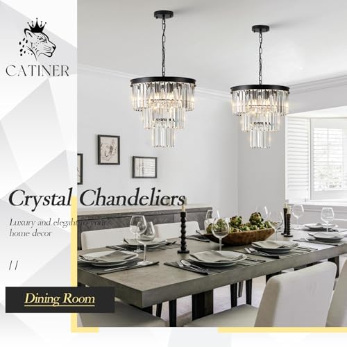 CATINER 16" Modern Crystal Chandeliers,6 Lights Black Round Light Fixture - Image 2
