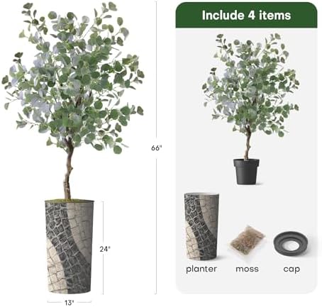 Artificial Tree in Geometric Pattern Planter, Fake Eucalyptus Silk Tree for Indoor and Outdoor Home Decoration - 66" Overall Tall (Plant Pot Plus Tree) - Image 3