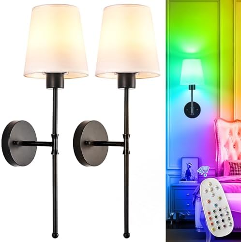 Depuley Battery Operated Wall Sconce: Set of 2 Wireless Wall Lights with Remote for Bedroom - Black Rechargeable 15 Colors RGB Halloween Wall Lamp for Living Room Hallway by Depuley