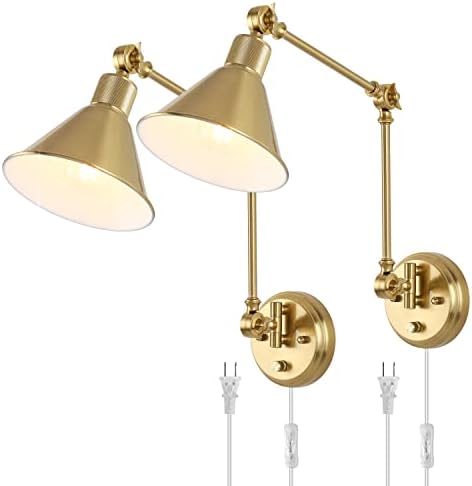 TRLIFE Wall Sconces Plug in, Dimmable Wall Sconces Brushed Brass Swing Arm Wall Lights Plug in Wall Mounted Light Industrial Wall Lights with 6FT Plug in Cord, E26 Base, UL Listed(Two Arms, 2 Pack) by TRLIFE