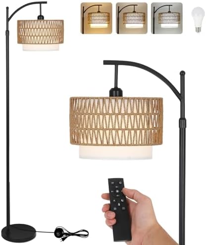 Arc Floor Lamp for Living Room with 3 Color Temperatures, Farmhouse Floor Lamps with Remote & Dimmable Bulb, Boho Standing Lamp with Rattan & Fabric Shades, Adjustable Tall Lamp for Bedroom, Office by EYASSI