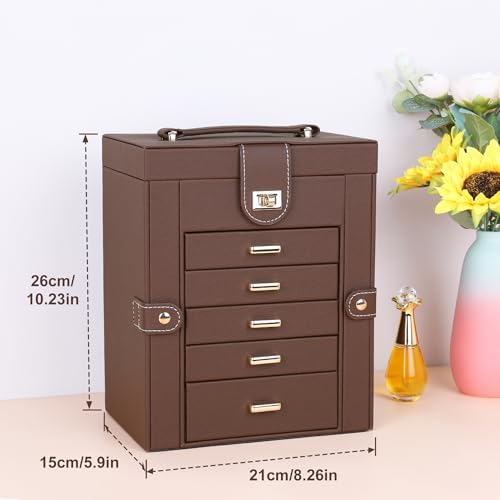 Kendal Jewelry Box, 6-Layer Jewelry Storage Organizer for Necklace Bracelet Rings Watch, 10.2"x8.2"x6" Classic Brown PU Leather 5 Drawers Large Storage Capacity with Mirror - Image 2