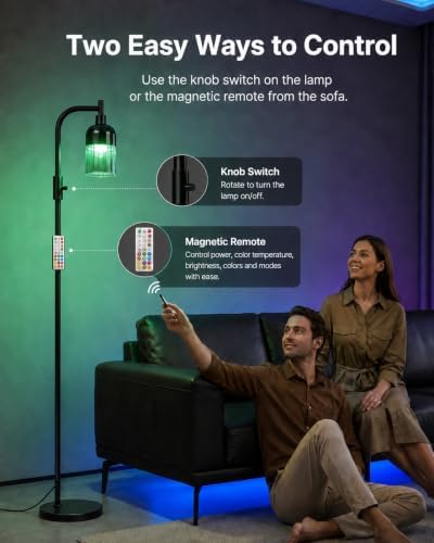 LED Industrial Arc Floor Lamp, 67", RGB, Smoked Ribbed Glass Shade - Image 7