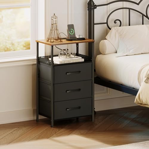 JARHETUN Nightstand Set of 2, Night Stands with Charging Station, 26.4 Inch Tall Bedside Table with Metal Shelf, Modern Side End Table with 3 Fabirc Drawers, Small Dresser for Bedroom, Rustic Brown - Image 2