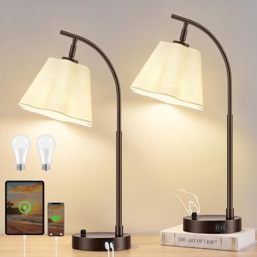 Table Lamps Set of 2, Stepless Dimmable Bedside Lamps with USB A&C Ports by WelcomeGyroVu