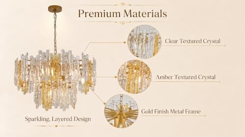 26" 7-Light Modern Art Ice Stick Crystal Chandelier, 2-Tier Round Gold Farmhouse Amber & Clear Glass Pendant Light Fixture, Perfect for Living Room, Dining Room, Entryways - Image 6