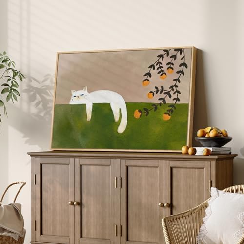 Large Framed Cozy Cat Neutral Green Canvas Wall Art Bedroom, 24x36 Inch - Image 2