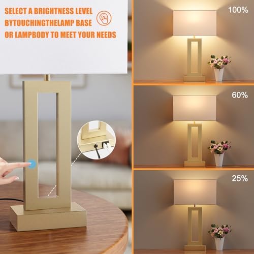 Seealle Nightstand Table Lamps for Bedrooms Set of 2 - Touch Bedside Lamp with USB C+A, 3 Way Dimmable Living Room Lamps for End Tables Set of 2(White&Gold) - Image 3