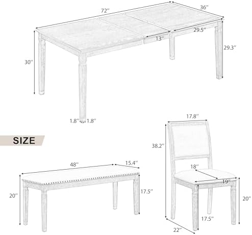 VilroCaz Farmhouse 6-Piece Dining Table Set, 59 to 72-Inch Extendable Dining Table with 4 Chairs & Bench, Vintage Kitchen Table Set with Distressed Finish and Retro Carved Legs (Natural-11.6) - Image 4