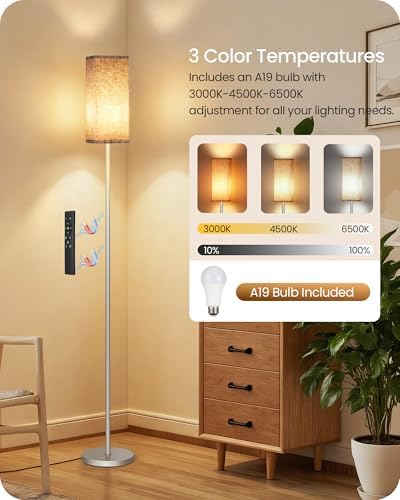 64.2'' Dimmable Floor Lamp for Living Room with Remote and Foot Switch, Corner Floor Lamp for Bedroom, Includes 10W A19 Bulb, Modern Standing Tall Lamp, ETL Listed Silver and Beige SE17LD05 - Image 3