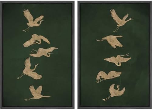 SIGNWIN Framed Canvas Print Wall Art Set Golden Cranes in Flight on Deep Green Illustrations Modern Art Rustic Colorful Ultra for Living Room, Bedroom, Office - 24"" x36 x2 Black by SIGNWIN