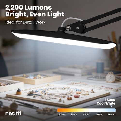 Neatfi XL 2200 Lumens 24W LED Desk Lamp - 4-Level Dimmable Task Light | Home Office, Crafts & Workbench | 20-Inch Wide Head (Black, Non-CCT with Base) - Image 6