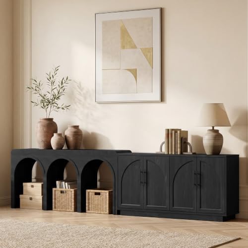 Fatmok Extra Long Console Table with Storage,Modular Buffet Sideboard Cabinet with Arched Wooden Doors for Living Room,Entryway,Hallway,Black Grey(GA,2-Piece) by Fatmok