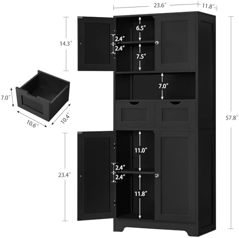 Iwell 57.8" H Tall Storage Cabinet with 2 Drawers & 2 Adjustable Shelves, Kitchen Cabinet with 4 Doors, Tall Cabinet for Living Room, Dining Room, Entryway, Black - Image 3