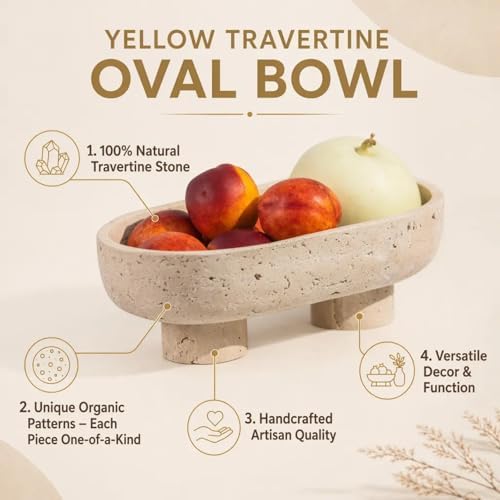 10" Natural Oval Travertine Fruit Bowl for Kitchen Counter,Decorative Bowl - Image 3