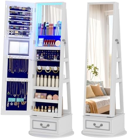 Vlsrka Mirror Jewelry Cabinet Standing with Lights, Lockable, Swivel, White - Image 2