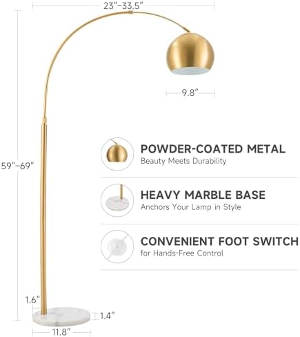 CO-Z 69" Modern Arc Floor Lamp, Gold Standing Light with Adjustable Metal Shade and Marble Base, LED Bulb Included, Contemporary Lighting for Living Room or Sofa - Image 4
