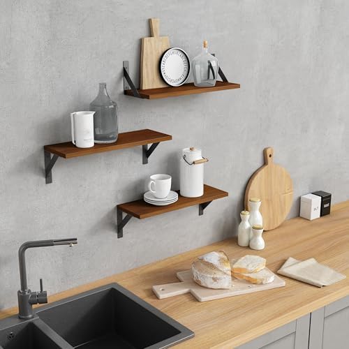 Forbena Walnut Brown Wall Bookshelf for Bedroom, Wooden Floating Book Shelves for Office, Small Wall Shelving Unit for Living Room Nursery Kitchen Bathroom Kids Room (Walnut Color) - Image 6