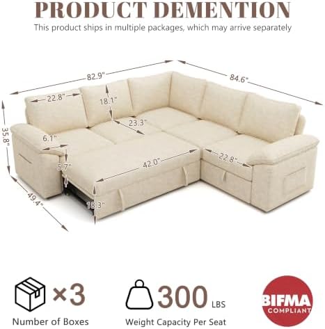85'' Modular Sectional Sofa with Pull Out Bed, Sleeper Sofa, Beige - Image 3
