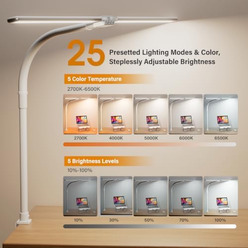 SIBRILLE LED Desk Lamp for Home Office - Dimmable Computer Desk Light with Clamp, Modern Architect Task Lamp with Color Changing, Flexible Desktop Lamp with Gooseneck for Monitor, Double Head, White - Image 3