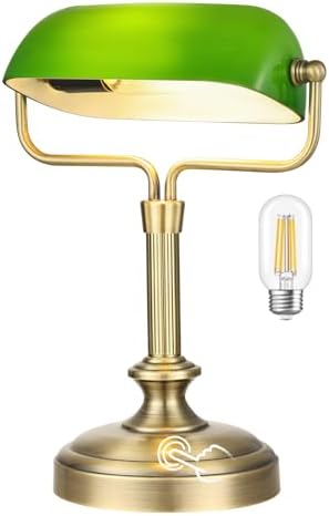 Vintage Banker Lamp, Antique Brass,Adjustable Green Shade, Touch Control by LOFOB