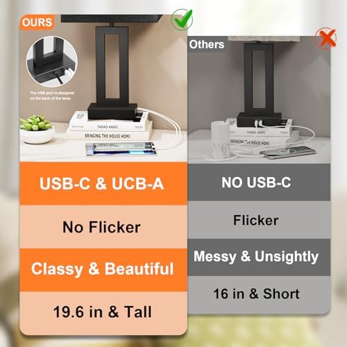 Seealle Nightstand Table Lamps for Bedrooms Set of 2 - Touch Bedside Lamp with USB C+A, 3 Way Dimmable Living Room End Tables 2, Modern Night Stand Bed Side Guest Room(Black) E. Black - Image 3