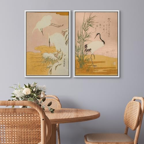 SIGNWIN Framed Canvas Print Wall Art Set Japanese Crane Vintage Style Bird and Bamboo Illustrations Modern Art Rustic Minimal for Living Room, Bedroom, Office - 24"" x36 x2 White - Image 3