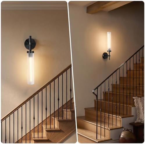 Black Knurled Wall Sconce, 20" Bathroom Wall Sconce 2Pc, Glass Tube and Brass Wall Sconces Lighting, Wall Light Mirror Sconces,Vanity Sconce Lights for Bath, Bedroom, Living Room, Hallway - Image 6