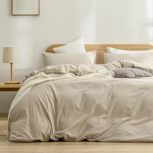 BESTOUCH Cotton Solid Duvet Cover Set Almond Milk Grey Oversized Full by BESTOUCH