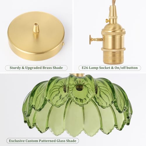 Shenmoyl Pendant Light with Green Scindapsus Glass Lmapshade, Brass Vintage Pendant Light Adjustable Hanging Light for Kitchen Island Dining Room Hallway - Image 4