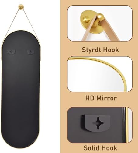 Full Length Mirror, Oval Wall Mounted Mirror, 48"x16" Door Mirrors with Hanging Leather Strap, Wall Mirrors Full Length with Aluminum Frame for Bathroom Living Room Entryway (Gold) - Image 5