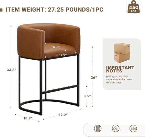 26" H Counter Height Bar Stools Set of 3, Modern Barrel Counter Stools with Backrest and Arms, Faux Leather Upholstered Accent Barstools for Kitchen Island,Support 450 LBS (Walnut Brown - Image 2