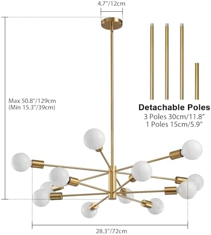 RUIYEY Modern Sputnik Chandeliers Light, 12-Light Gold Gold Dining Room Chandelier Over Table, Height Adjustable Industrial Semi Flush Mount Mid Century Chandelier for Kitchen Island Living Room - Image 2