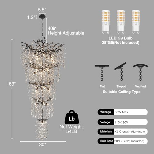 118" Black Large Chandeliers for High Ceilings, 28-Light Long Crystal Tree Branch Chandelier for High Ceiling, Staircase, Foyer, Entryway, Living Room, Luxury K9 Crystal Raindrop Tiered Chandelier - Image 4