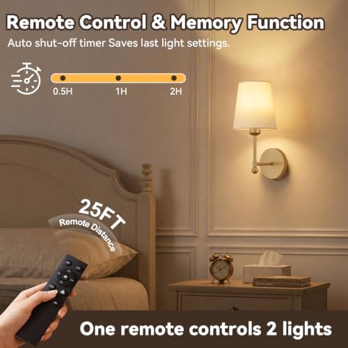 Battery Operated Wall Sconce, Gold and Beige Shade, 2 pack,RF Remote - Image 6