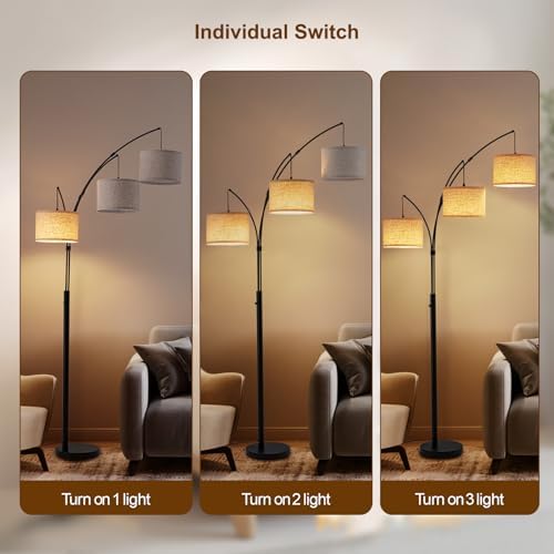 3 Light Arc Floor Lamp with Remote, Beige Shade Black Pole - Image 5