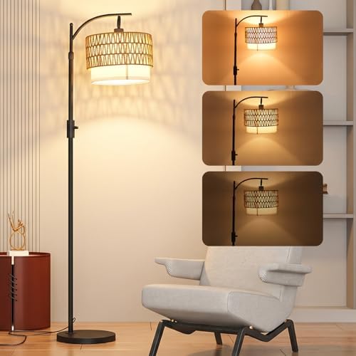 Boho Floor Lamp, Modern Black Standing Lamp with Dimmable LED Light by OUATER