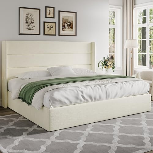 Allewie King Size Chenille Lift Up Hydraulic Storage Bed Frame Cream White - Image 7