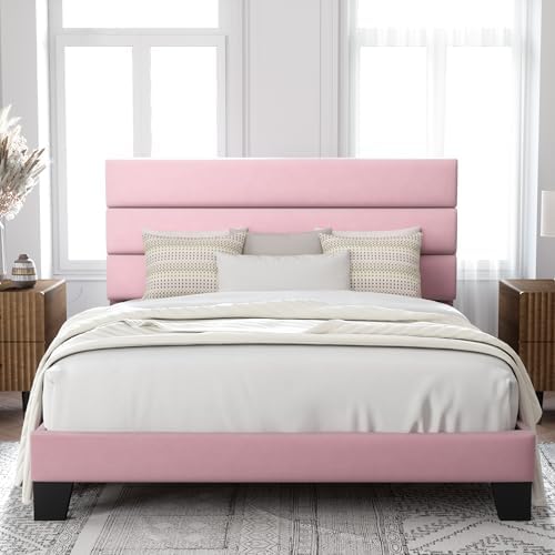 Allewie Full Size Platform Bed Frame with Velvet Upholstered Headboard Pink by Allewie