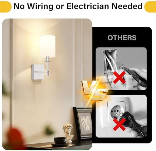 14 Inch Battery Operated Wall Sconces Set of 2 with Remote, Brushed Nickel Rechargeable Wireless Wall Lights with White Fabric Shade, Cordless Wall Lamps with Dimmable Detachable Bulbs for Bedroom - Image 2
