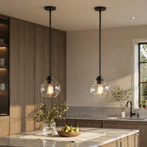 Black Globe Pendant Light, 2-Pack Modern Clear Glass Hanging Fixture by OUVR
