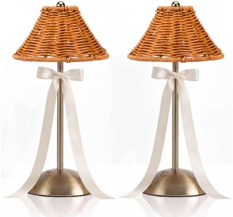 2 Pack Wedding Rattan Wicker Cordless Table Lamps with Bows by Unknown