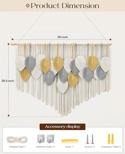 Tempospark Large Macrame Wall Hanging, 39" Wx29 L Boho Wall Hanging, Boho Chic Leaves Tassels Tapestry for Bedroom, Living Room, Dining Room, Nursery, Hallway, Balcony - Image 4