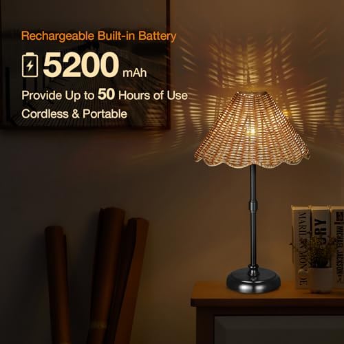 Cordless Boho Rattan Table Lamp Black, 5200-mAh Rechargeable Battery, 3-Level Brightness Dimmable, Build-in Integrated LED 320 Lumen Max, Rattan Shade, for Bedside Restaurant Dining Table - Image 5