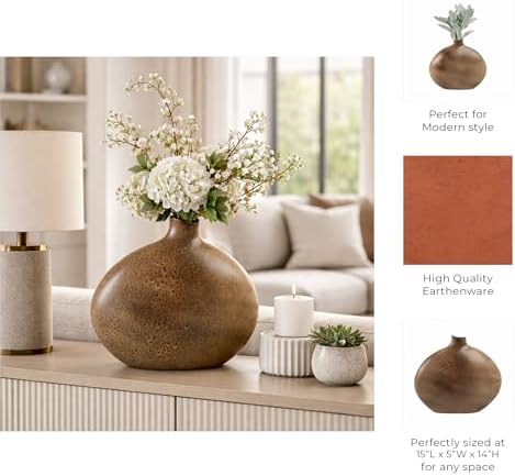 Oval Ceramic Vase for Living Room and Home Decor - Modern Pottery Flower Vase for Tabletop Accent - Sculptural Earthenware Design for Bedroom, Room, House and Office Table Display - 14”, Brown - Image 5