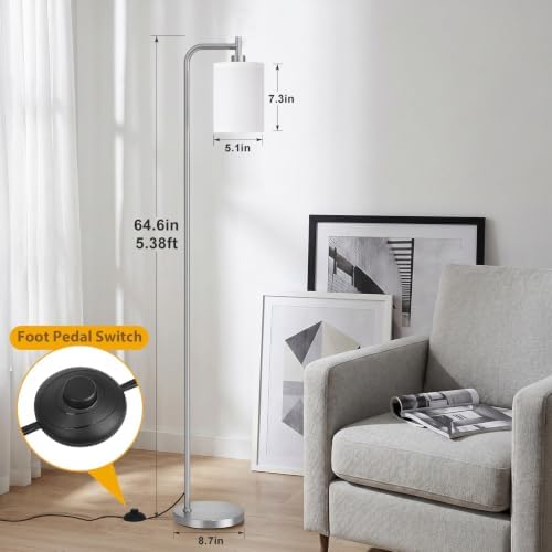Ziisee 64" Floor Lamp for Living Room with Remote Control, White Shade with Brushed Nickel Pole, Dimmable Tall Lamps for Bedroom Office Corner, 9W LED Bulb Included - Image 2