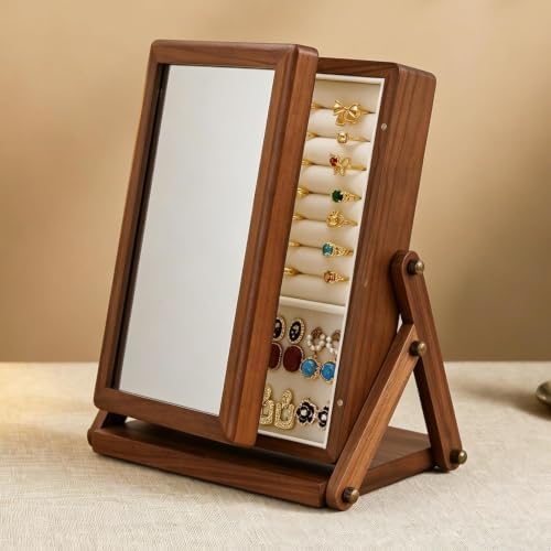 Black Walnut Wooden Jewelry Box, Organizer with Makeup Mirror for Women - Image 2