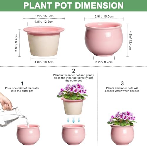 African Violet Pots, 6 Inch Ceramic Easy Self Watering Pots with Absorbent Inner Pot, Round Ceramic Planter for Indoor Plants, Small Flower Pot, Home Decor, Gifts for Plant Lovers, Pink - Image 2