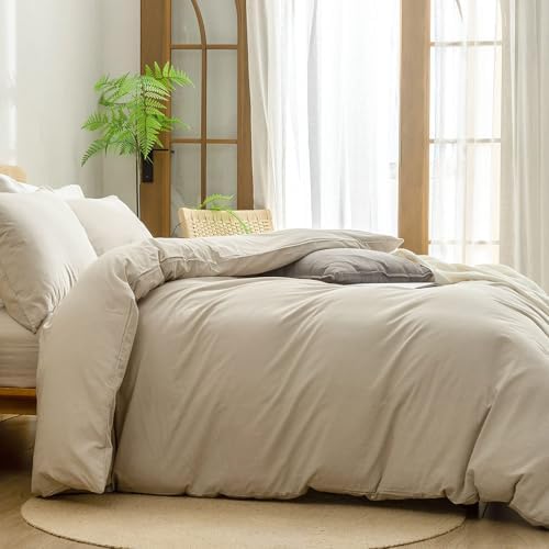 BESTOUCH Cotton Solid Duvet Cover Set Almond Milk Grey Oversized Full - Image 3